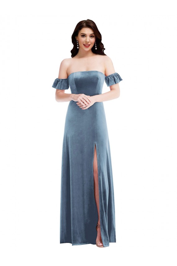 Azul polvoriento línea A Hombros Descubiertos Terciopelo Elástico Largo Vestidos de dama de honor / Vestidos de fiesta Outlet