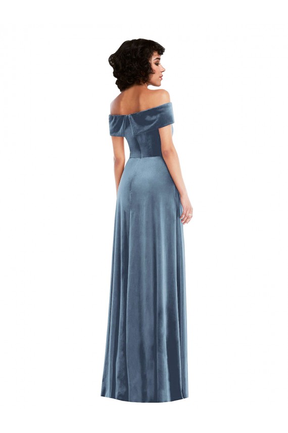 Azul polvoriento línea A Hombros Descubiertos Terciopelo Elástico Largo Vestidos de dama de honor / Vestidos de fiesta Outlet