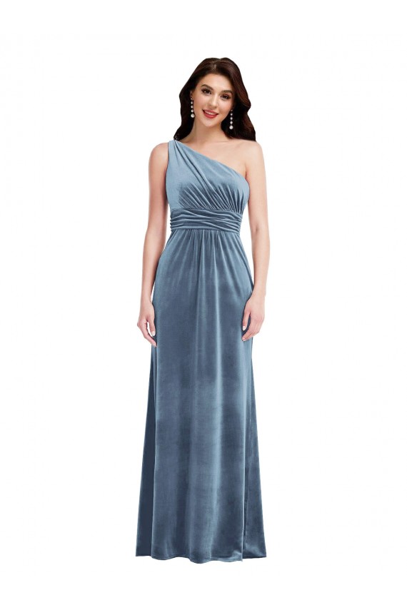 Azul polvoriento línea A Hombros Descubiertos Terciopelo Elástico Largo Vestidos de dama de honor / Vestidos de fiesta Outlet