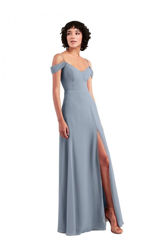 Azul polvoriento línea A Hombros Descubiertos Tirantes espagueti Gasa Largo Vestidos de dama de honor Outlet