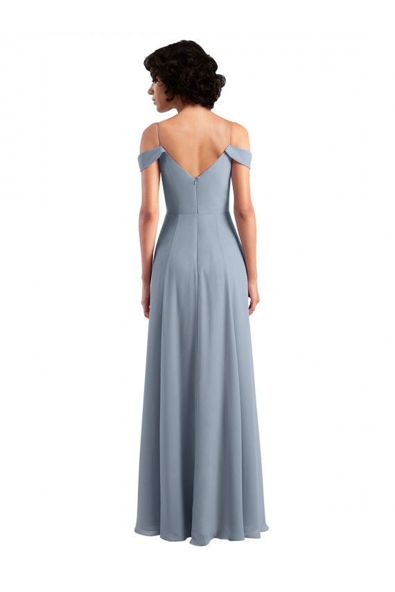 Azul polvoriento línea A Hombros Descubiertos Tirantes espagueti Gasa Largo Vestidos de dama de honor Outlet