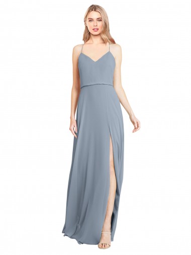 Azul polvoriento línea A Hombros Descubiertos Tirantes espagueti Gasa Largo Vestidos de dama de honor Outlet