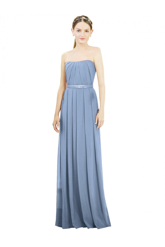 Azul polvoriento línea A Sin tirantes Gasa Largo Vestidos de dama de honor Outlet