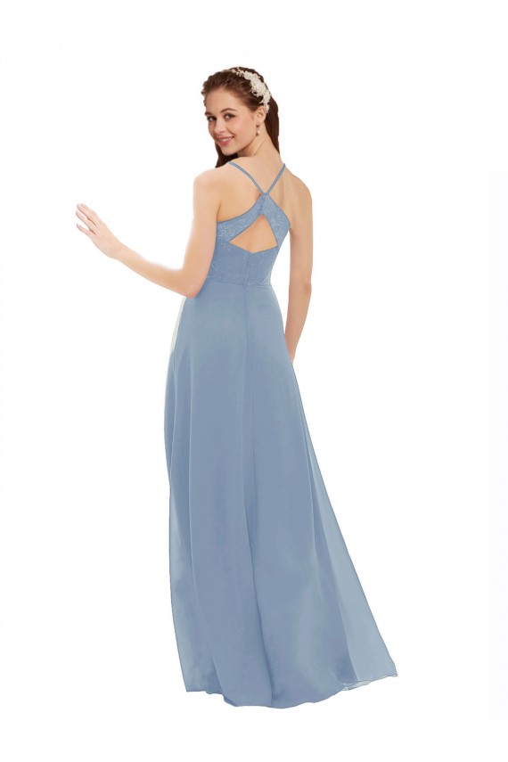 Azul polvoriento línea A Tirantes espagueti Cuello en V Gasa Encaje Largo Vestidos de dama de honor Outlet