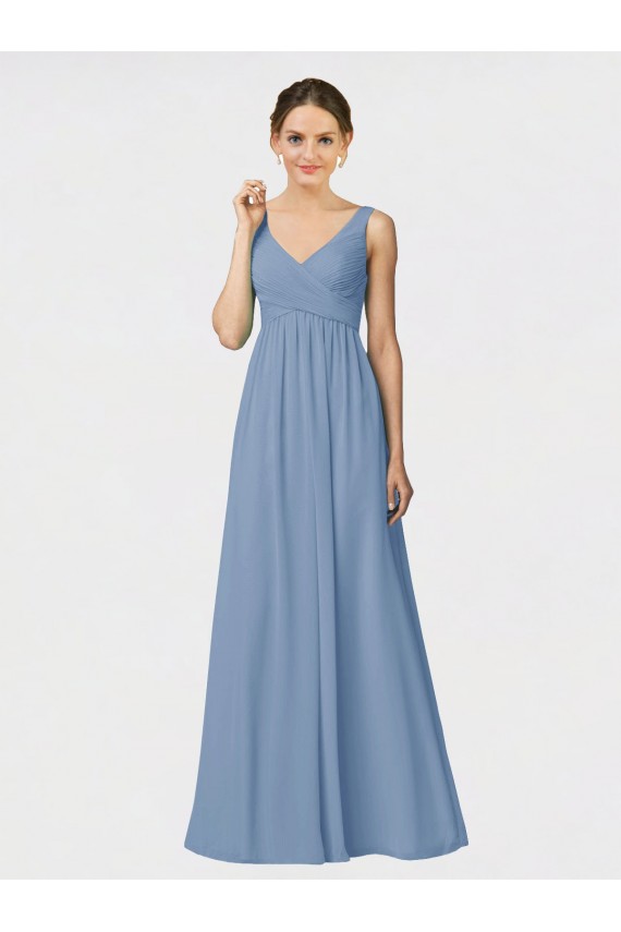 Azul polvoriento línea A Tirantes espagueti Gasa Largo Vestidos de dama de honor Outlet