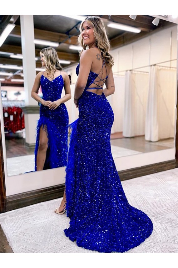 Azul real Cubierta Cuello en V Barrer tren Lentejuelas Terciopelo Largo Vestidos de fiesta Outlet