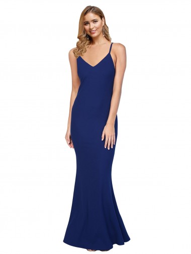 Azul real Cubierta Cuello en V Crepé Elástico Largo Formales Vestidos de dama de honor / Vestidos de fiesta Outlet