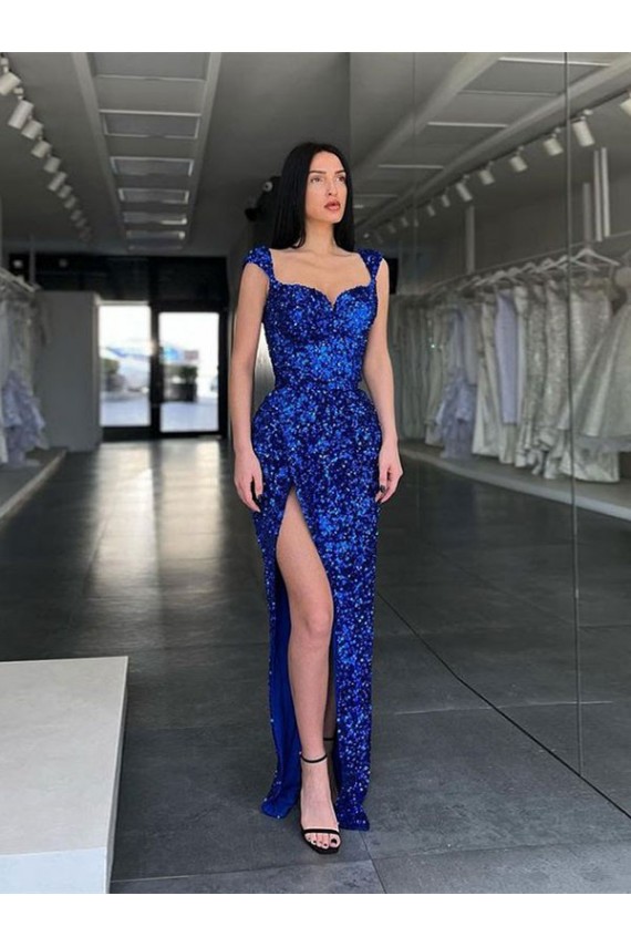 Azul real Cubierta Tirantes espagueti Barrer tren Lentejuelas Terciopelo Largo Vestidos de fiesta Outlet