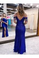 Azul real Cubierta Tirantes espagueti Cuello en V Lentejuelas Terciopelo Largo Vestidos de fiesta Outlet