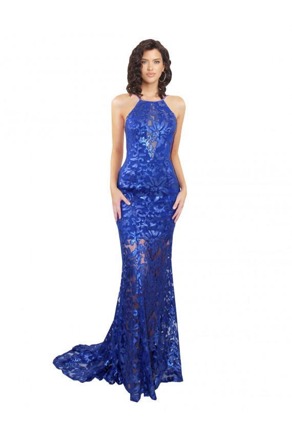 Azul real Sirena Cuello Alto Encaje Largo Vestidos de dama de honor / Vestidos de fiesta Outlet