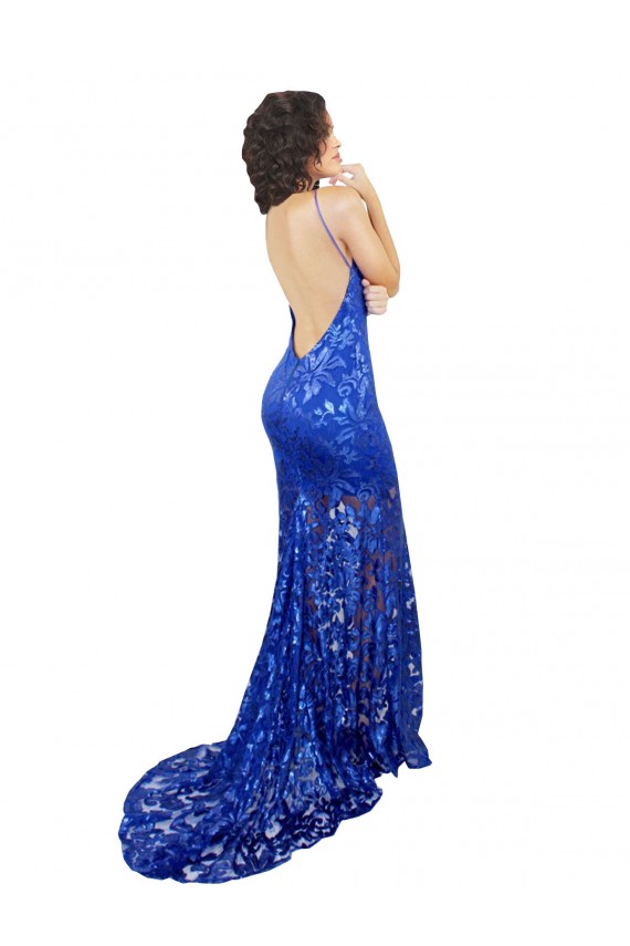 Azul real Sirena Cuello Alto Encaje Largo Vestidos de dama de honor / Vestidos de fiesta Outlet