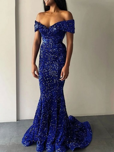 Azul real Sirena Hombros Descubiertos Barrer tren Lentejuelas Terciopelo Largo Vestidos de fiesta Outlet