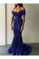 Azul real Sirena Hombros Descubiertos Barrer tren Lentejuelas Terciopelo Largo Vestidos de fiesta Outlet
