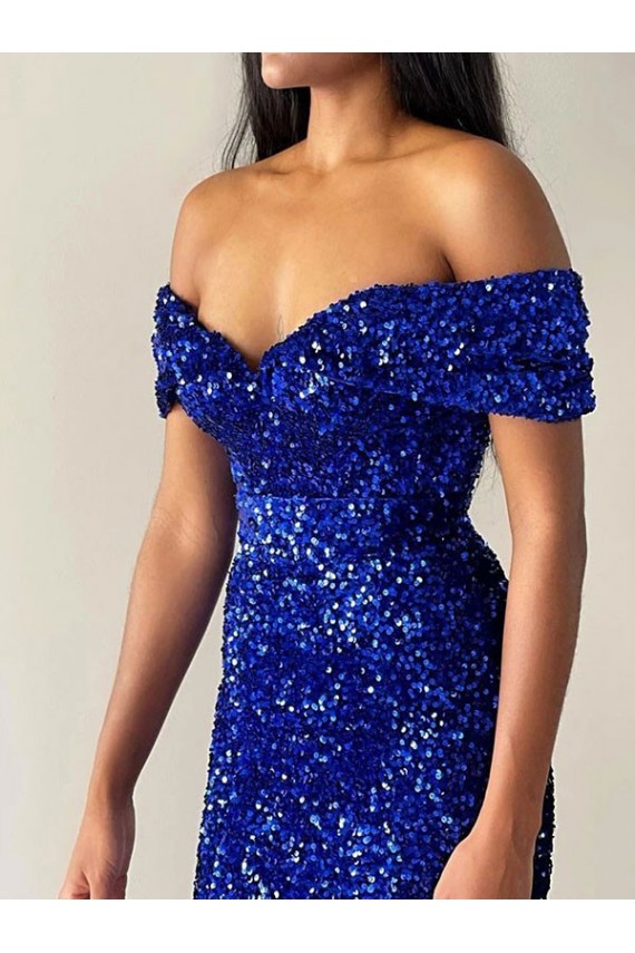 Azul real Sirena Hombros Descubiertos Barrer tren Lentejuelas Terciopelo Largo Vestidos de fiesta Outlet