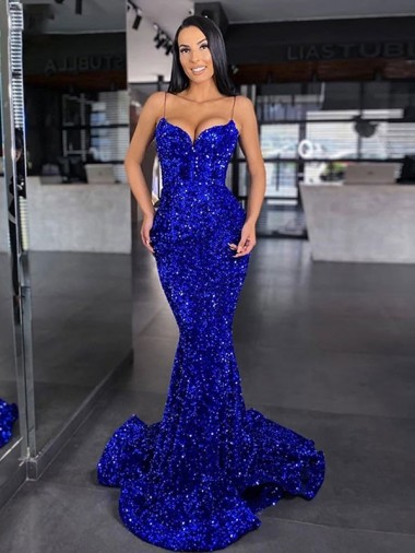 Azul real Sirena Tirantes espagueti Barrer tren Lentejuelas Terciopelo Largo Vestidos de fiesta Outlet