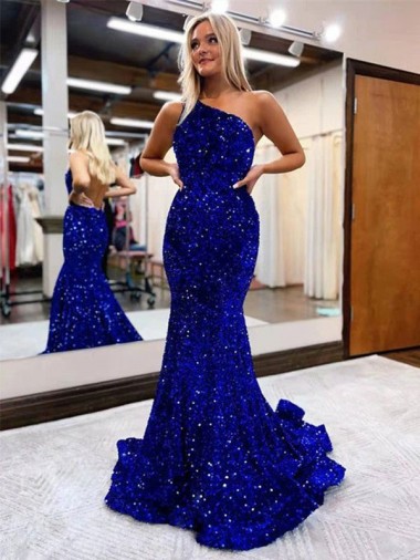 Azul real Sirena Un Hombre Barrer tren Lentejuelas Terciopelo Largo Vestidos de fiesta Outlet