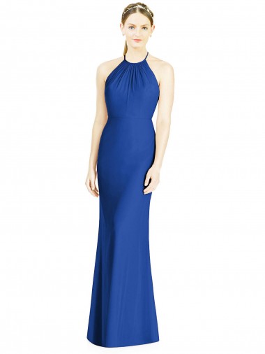Azul real Trompeta Halter Cuello Alto Gasa Largo Vestidos de dama de honor Outlet
