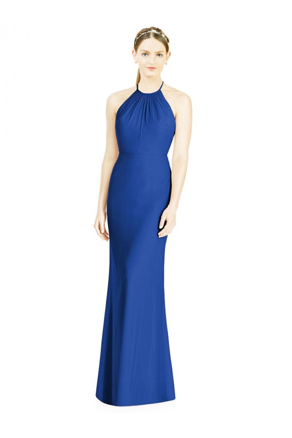 Azul real Trompeta Halter Cuello Alto Gasa Largo Vestidos de dama de honor Outlet