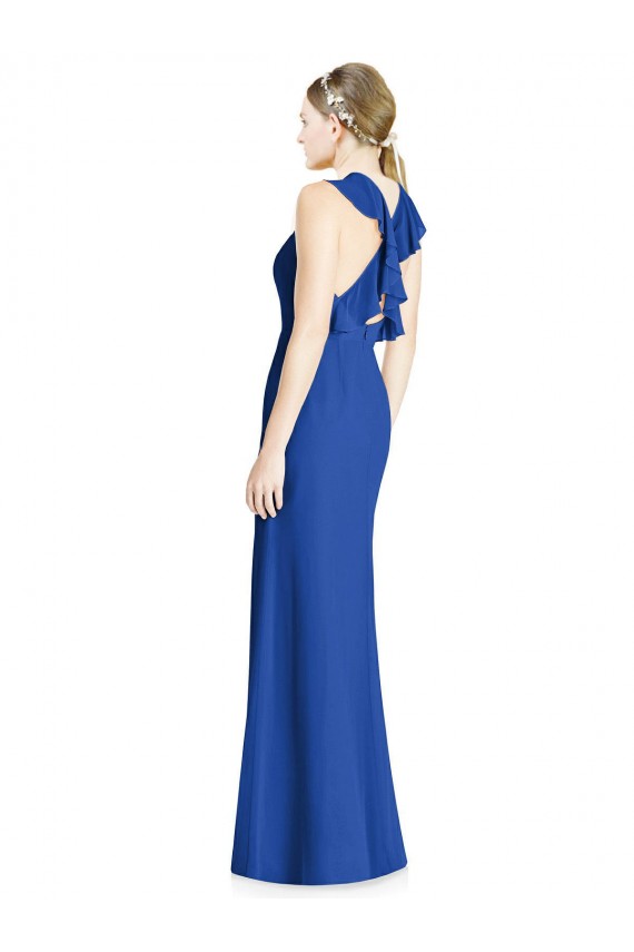 Azul real Trompeta Halter Cuello Alto Gasa Largo Vestidos de dama de honor Outlet