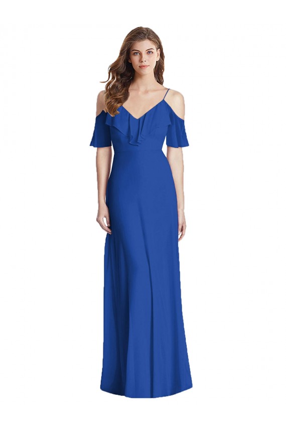 Azul real Trompeta Tirantes espagueti Cuello en V Gasa Largo Vestidos de dama de honor Outlet