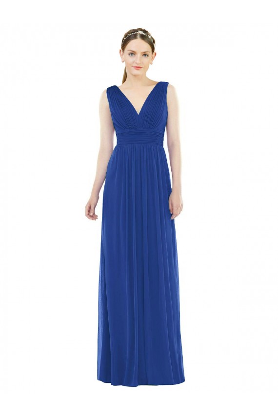 Azul real línea A Cuello en V Gasa Largo Vestidos de dama de honor Outlet