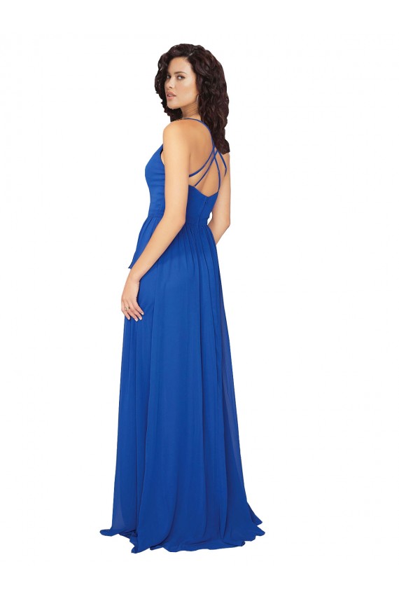 Azul real línea A Cuello en V Gasa Largo Vestidos de dama de honor Outlet