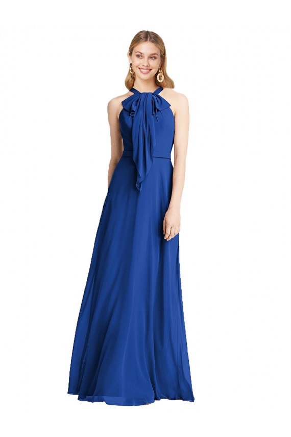 Azul real línea A Halter Gasa Largo Vestidos de dama de honor Outlet