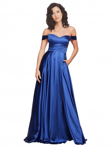 Azul real línea A Hombros Descubiertos Barrer tren Satén elástico Largo Formales Vestidos de dama de honor / Vestidos de fiesta Outlet