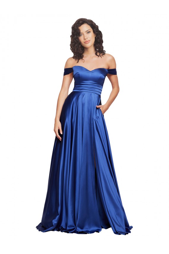 Azul real línea A Hombros Descubiertos Barrer tren Satén elástico Largo Formales Vestidos de dama de honor / Vestidos de fiesta Outlet