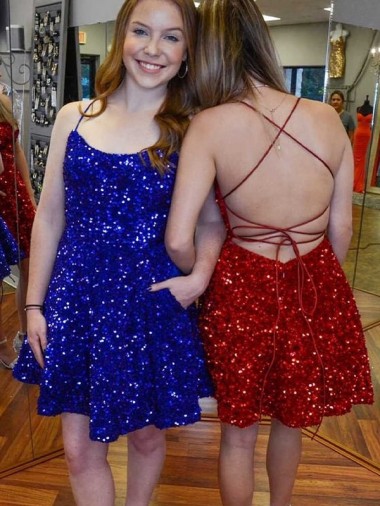 Azul real línea A Tirantes espagueti Corto Lentejuelas Terciopelo Corto Vestidos de fiesta Outlet