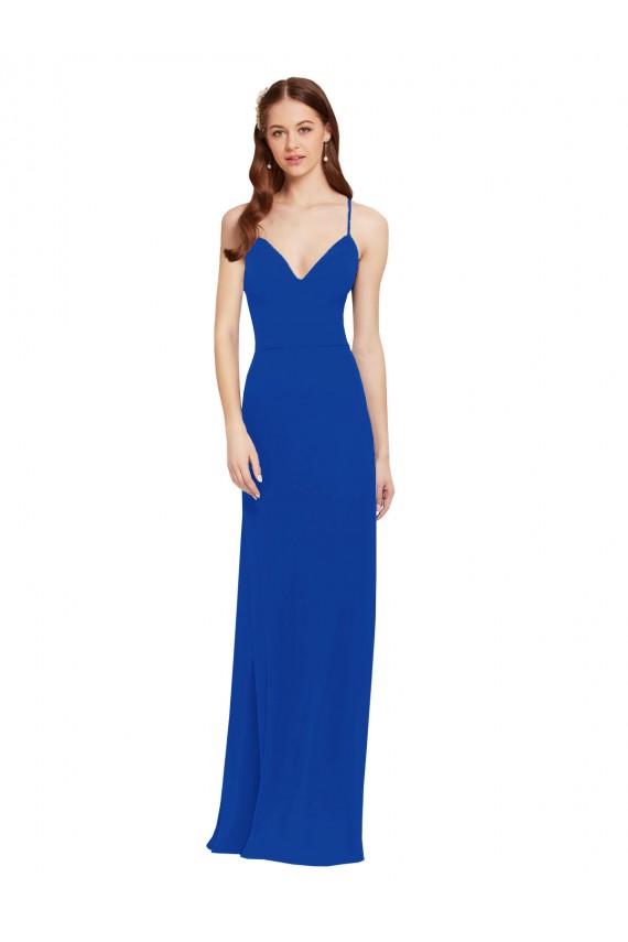 Azul real línea A Tirantes espagueti Cuello en V Gasa Largo Vestidos de dama de honor Outlet