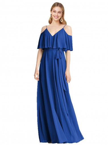 Azul real línea A Tirantes espagueti Cuello en V Gasa Largo Vestidos de dama de honor Outlet