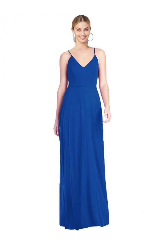 Azul real línea A Tirantes espagueti Cuello en V Gasa Largo Vestidos de dama de honor Outlet