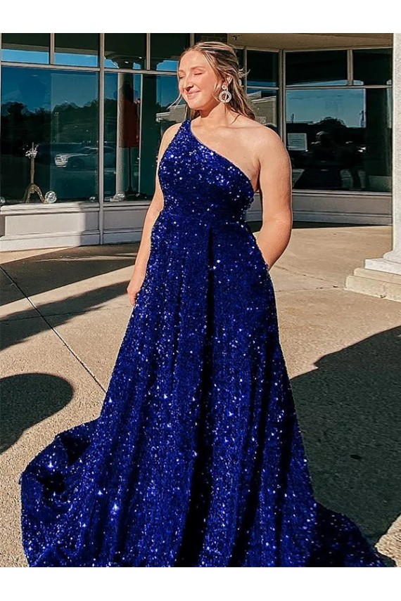 Azul real línea A Un Hombre Barrer tren Lentejuelas Terciopelo Largo Vestidos de fiesta Outlet
