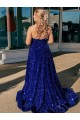 Azul real línea A Un Hombre Barrer tren Lentejuelas Terciopelo Largo Vestidos de fiesta Outlet
