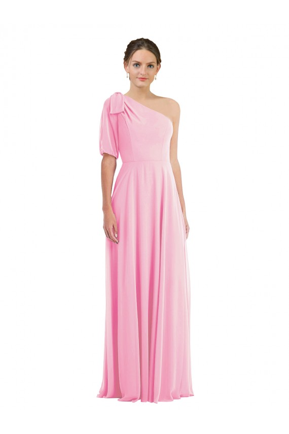 Barely rosa Trompeta Un Hombre Gasa Largo Vestidos de dama de honor Outlet