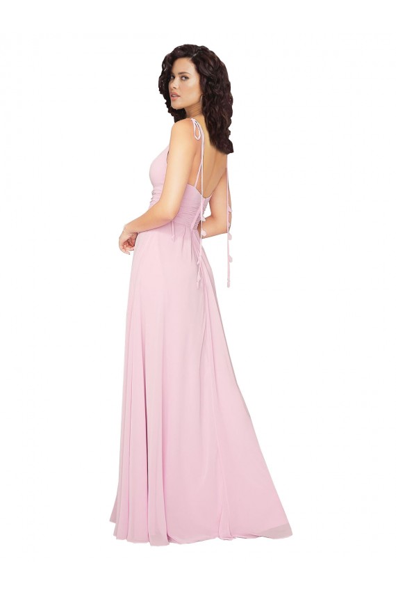 Barely rosa línea A Cuello en V Gasa Largo Vestidos de dama de honor Outlet