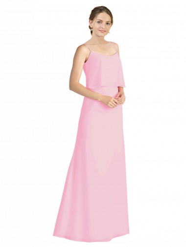 Barely rosa línea A Tirantes espagueti Gasa Largo Vestidos de dama de honor Outlet