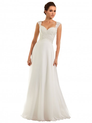 Blanco Cubierta Cuello de Corazón Cola capilla Gasa Encaje Vestidos de novia Outlet