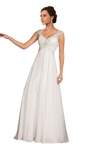 Blanco Cubierta Cuello en V Cola capilla Gasa Encaje Vestidos de novia Outlet