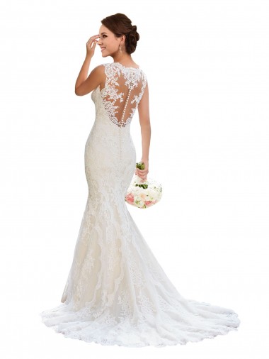 Blanco Sirena Cuello en V Cola capilla Encaje Vestidos de novia Outlet