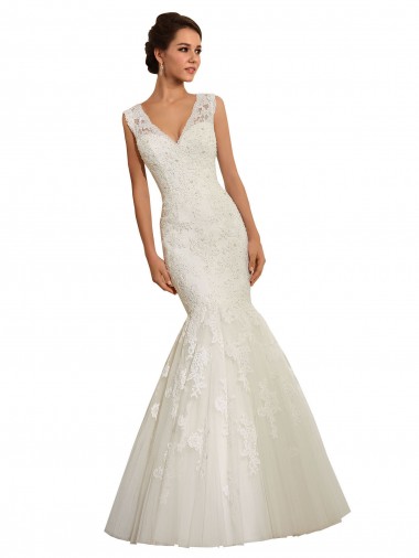 Blanco Sirena Cuello en V Cola capilla Tul Encaje Vestidos de novia Outlet