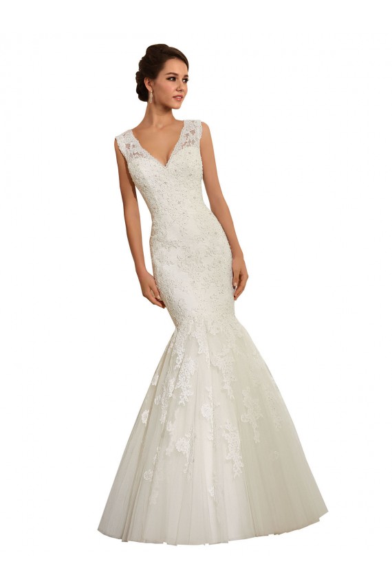 Blanco Sirena Cuello en V Cola capilla Tul Encaje Vestidos de novia Outlet