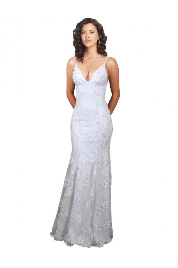 Blanco Sirena Cuello en V Cuello Alto Crepé Elástico Lentejuela Tul Largo Formales Vestidos de dama de honor / Vestidos de fiesta Outlet