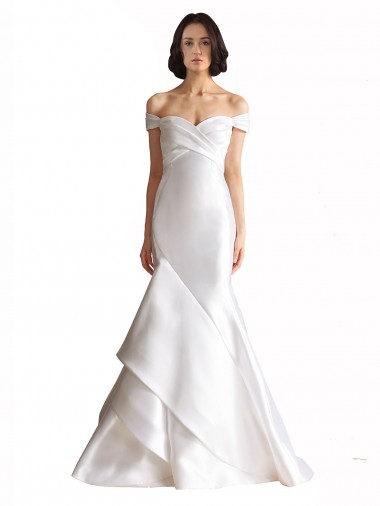 Blanco Sirena Hombros Descubiertos Cola capilla Satén Playa Vestidos de novia Outlet