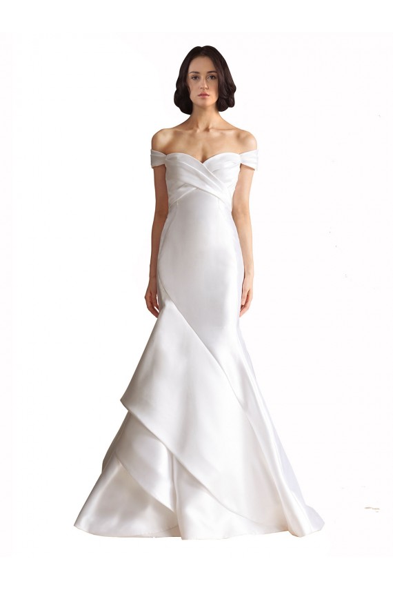Blanco Sirena Hombros Descubiertos Cola capilla Satén Playa Vestidos de novia Outlet