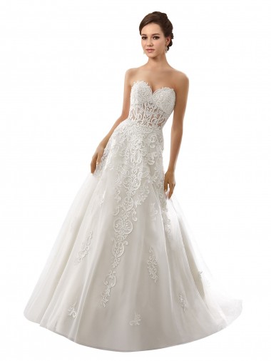 Blanco línea A Cuello de Corazón Cola capilla Tul Encaje Vestidos de novia Outlet