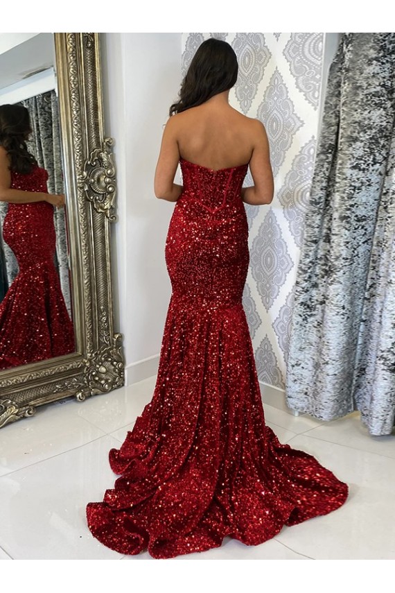 Borgoña Cubierta Cuello de Corazón Cola corte Lentejuelas Terciopelo Largo Vestidos de fiesta Outlet