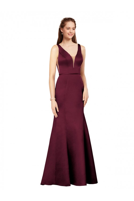 Borgoña Cubierta Cuello en V Satén Largo Formales Vestidos de dama de honor / Vestidos de fiesta Outlet
