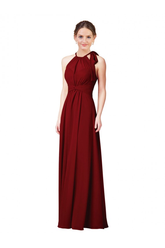 Borgoña Cubierta Halter Gasa Largo Vestidos de dama de honor Outlet